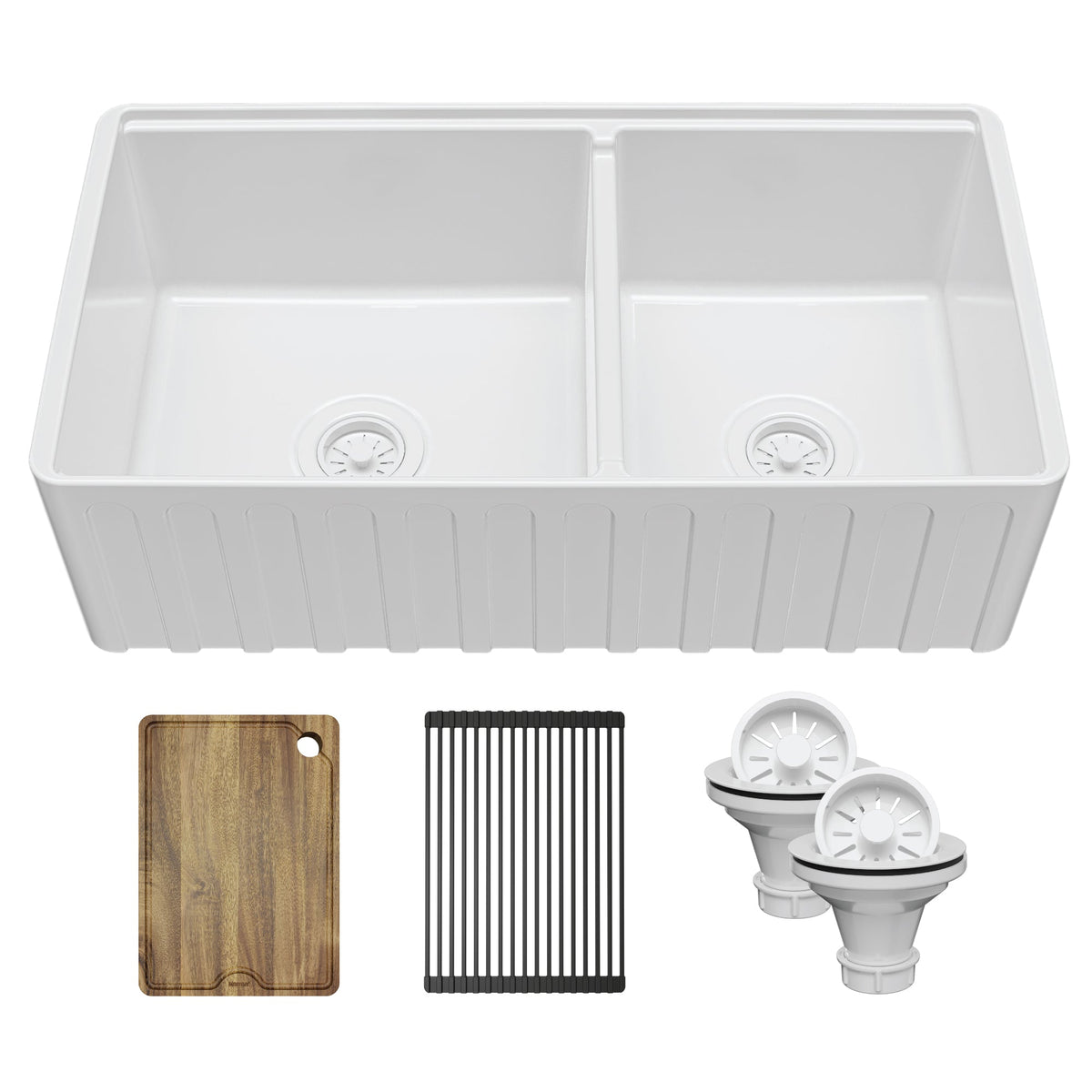 Fireclay 33" Reversible Apron Front Double Bowl Workstation Kitchen Sink In White