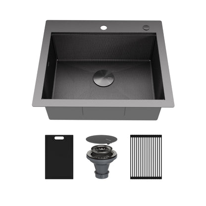 Matrix 25" Top Mount Workstation 16 Gauge Single Bowl Stainless Steel Kitchen Sink In Gunmetal Grey with Accessories