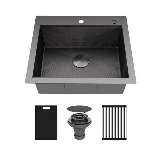 Matrix 25" Top Mount Workstation 16 Gauge Single Bowl Stainless Steel Kitchen Sink In Gunmetal Grey with Accessories