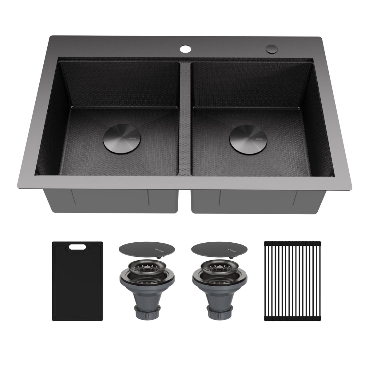 Matrix 33" Top Mount Workstation 16 Gauge Double Bowl Stainless Steel Kitchen Sink In Gunmetal Grey with Accessories