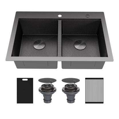 Matrix 33" Top Mount Workstation 16 Gauge Double Bowl Stainless Steel Kitchen Sink In Gunmetal Grey with Accessories