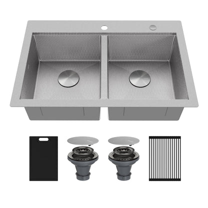Matrix 33" Top Mount Workstation 16 Gauge Double Bowl Stainless Steel Kitchen Sink with Accessories