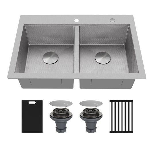 Matrix 33" Top Mount Workstation 16 Gauge Double Bowl Stainless Steel Kitchen Sink with Accessories