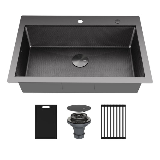 Matrix 33" Top Mount Workstation 16 Gauge Single Bowl Stainless Steel Kitchen Sink In Gunmetal Grey with Accessories