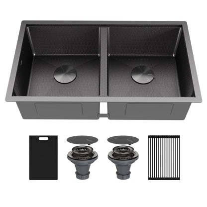 Matrix 32" Undermount Workstation 16 Gauge Double Bowl Stainless Steel Kitchen Sink In Gunmetal Grey with Accessories