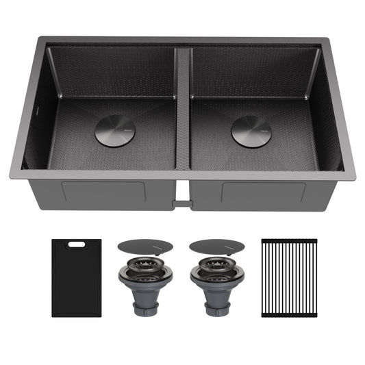 Matrix 32" Undermount Workstation 16 Gauge Double Bowl Stainless Steel Kitchen Sink In Gunmetal Grey with Accessories