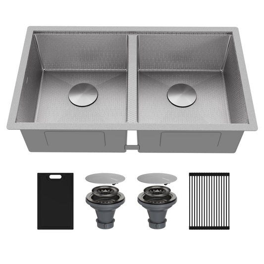 Matrix 32" Undermount Workstation 16 Gauge Double Bowl Stainless Steel Kitchen Sink with Accessories