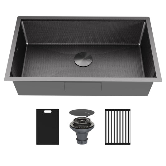 Matrix 32" Undermount Workstation 16 Gauge Single Bowl Stainless Steel Kitchen Sink In Gunmetal Grey with Accessories