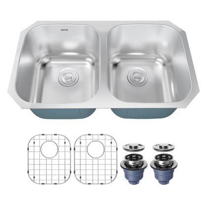 Profile 32" Undermount 18 Gauge Double Bowl Stainless Steel Kitchen Sink with Accessories
