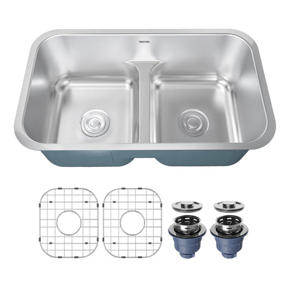 Profile 32" Undermount 18 Gauge Low Divider Double Bowl Stainless Steel Kitchen Sink with Accessories