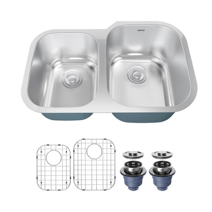Profile 31" Undermount 18 Gauge Double Offset Bowl Stainless Steel Kitchen Sink with Accessories