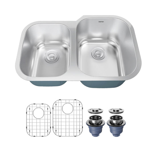 Profile 31" Undermount 18 Gauge Double Offset Bowl Stainless Steel Kitchen Sink with Accessories
