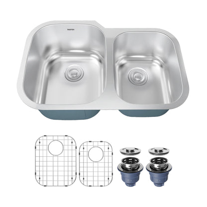 Profile 31" Undermount 18 Gauge Double Offset Bowl Stainless Steel Kitchen Sink with Accessories