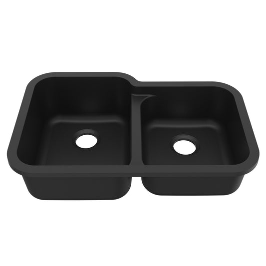 32-3/8" Seamless Undermount Double Offset Bowl Quartz Composite Kitchen Sink In Black