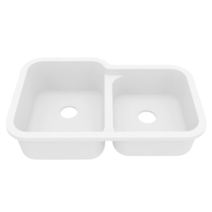 32-3/8" Seamless Undermount Double Offset Bowl Quartz Composite Kitchen Sink In White
