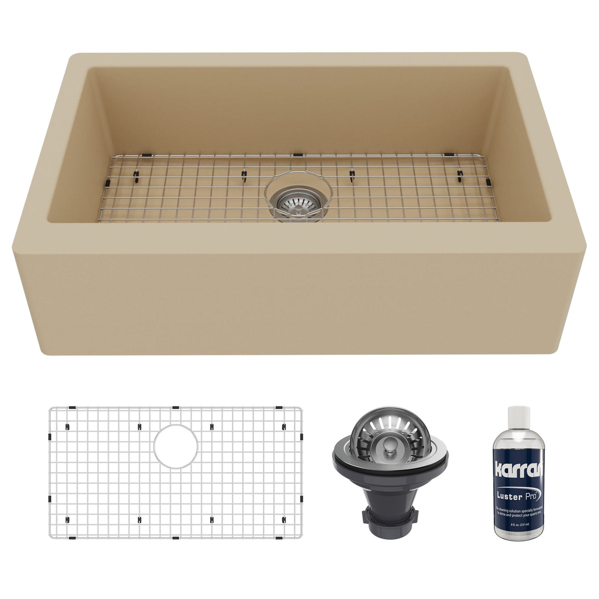 Farmhouse/Apron-Front Quartz Composite 34" Single Bowl Kitchen Sink Kit In Bisque