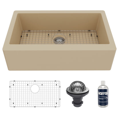 Farmhouse/Apron-Front Quartz Composite 34" Single Bowl Kitchen Sink Kit In Bisque