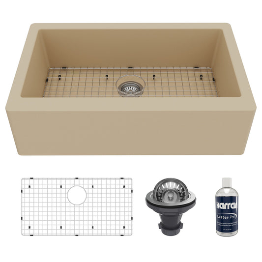Farmhouse/Apron-Front Quartz Composite 34" Single Bowl Kitchen Sink Kit In Bisque