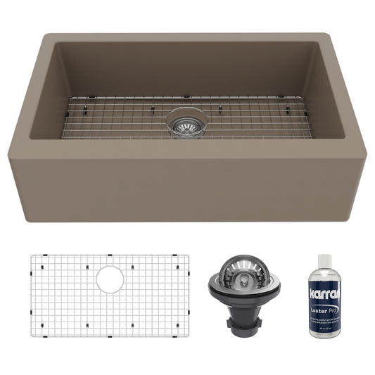 34" Farmhouse Large Single Bowl Quartz Composite Kitchen Sink Kit In Concrete