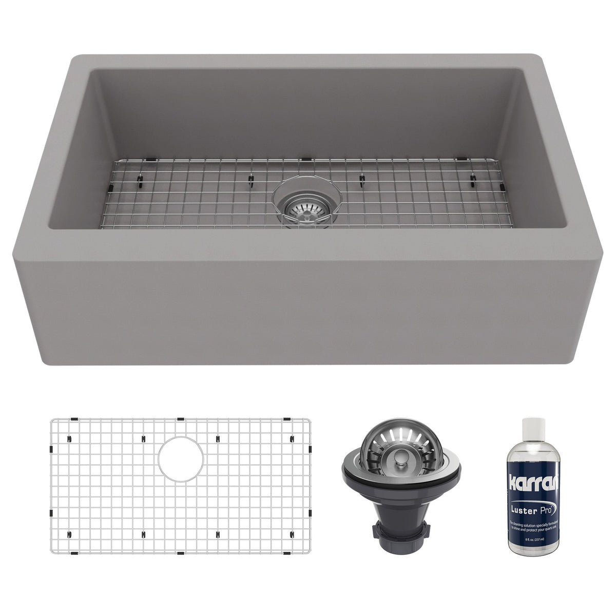 34" Farmhouse Large Single Bowl Quartz Composite Kitchen Sink Kit In Grey
