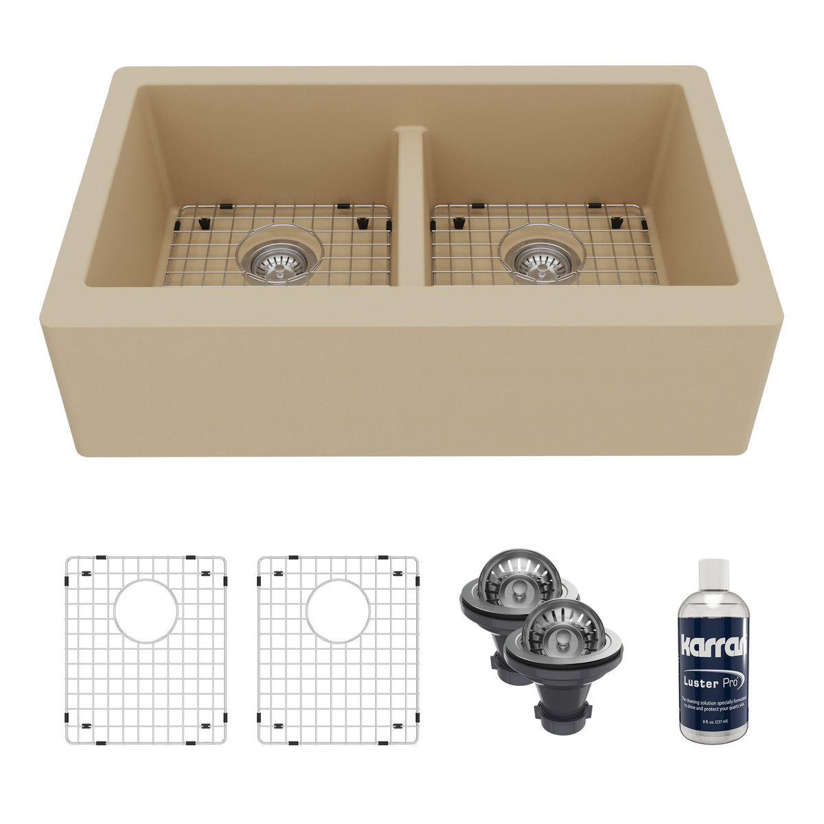 34" Farmhouse Double Equal Bowl Quartz Composite Kitchen Sink Kit In Bisque