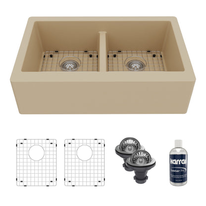 34" Farmhouse Double Equal Bowl Quartz Composite Kitchen Sink Kit In Bisque