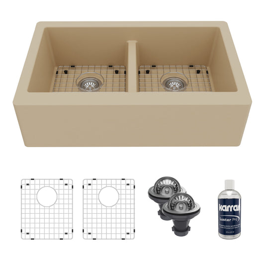 34" Farmhouse Double Equal Bowl Quartz Composite Kitchen Sink Kit In Bisque
