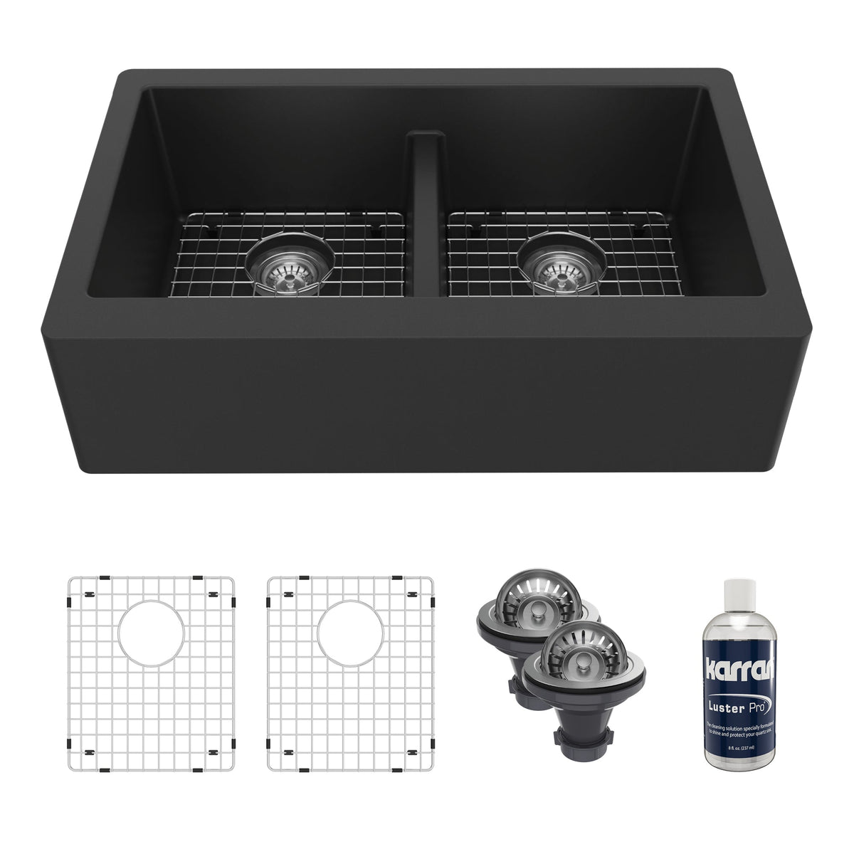 34" Farmhouse Double Equal Bowl Quartz Composite Kitchen Sink Kit In Black
