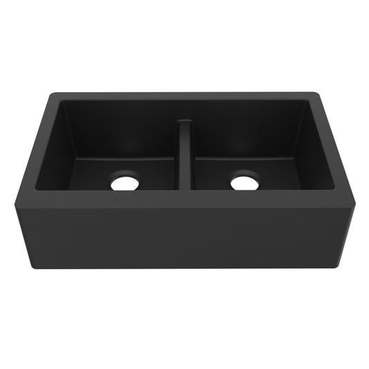 34" Farmhouse Double Equal Bowl Quartz Composite Kitchen Sink In Black