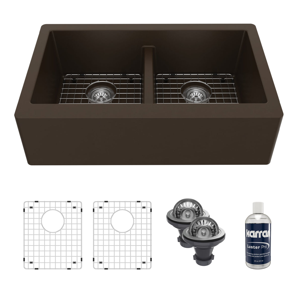 34" Farmhouse Double Equal Bowl Quartz Composite Kitchen Sink Kit In Brown