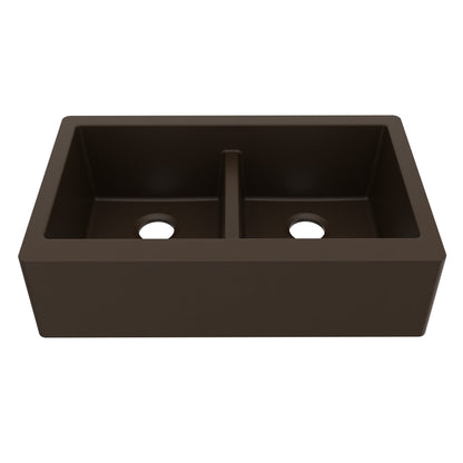 34" Farmhouse Double Equal Bowl Quartz Composite Kitchen Sink In Brown