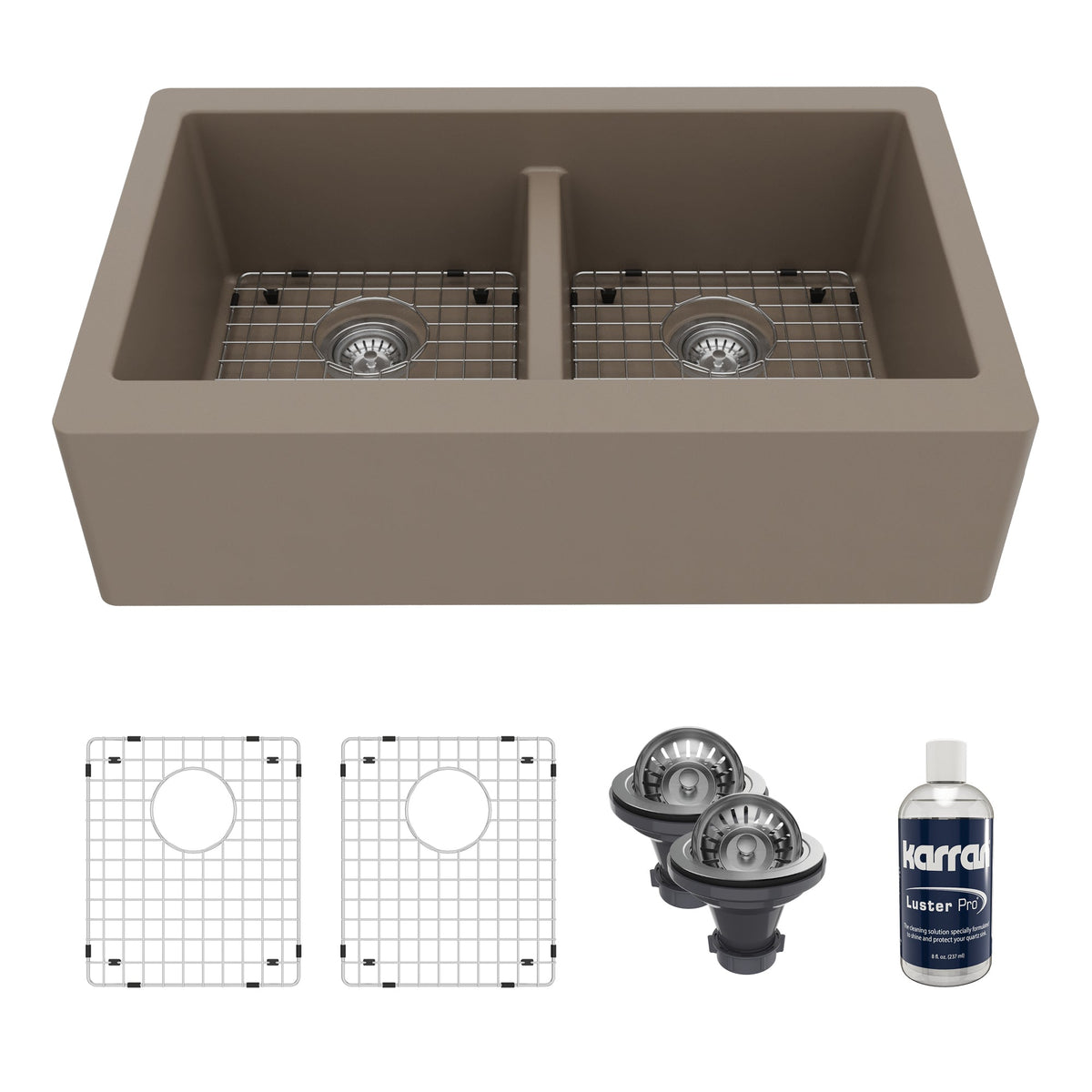 34" Farmhouse Double Equal Bowl Quartz Composite Kitchen Sink Kit In Concrete