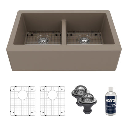 34" Farmhouse Double Equal Bowl Quartz Composite Kitchen Sink Kit In Concrete