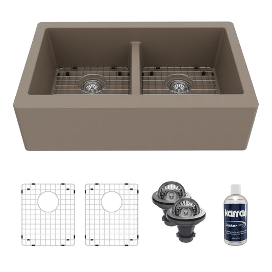 34" Farmhouse Double Equal Bowl Quartz Composite Kitchen Sink Kit In Concrete