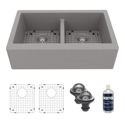34" Farmhouse Double Equal Bowl Quartz Composite Kitchen Sink Kit In Grey