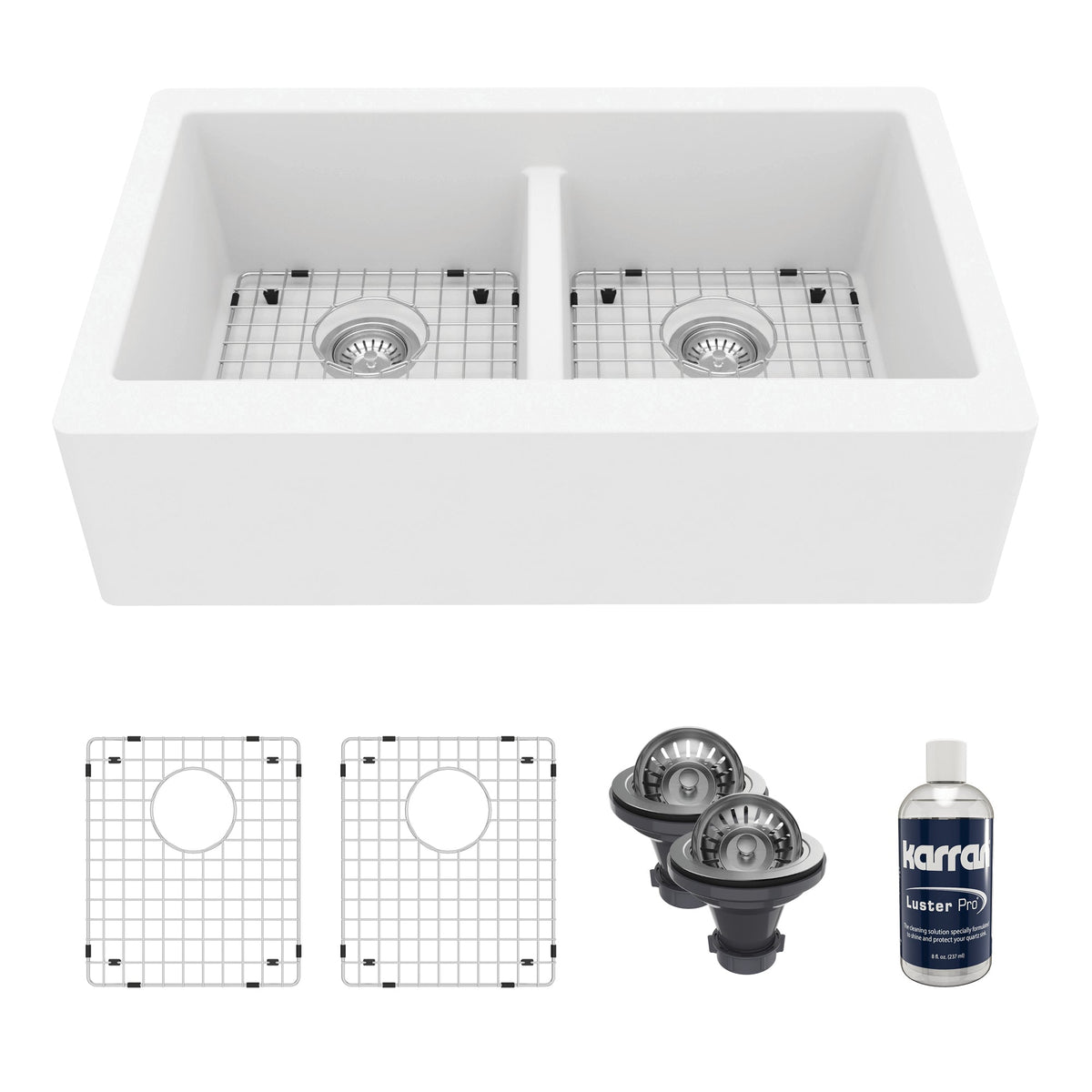 34" Farmhouse Double Equal Bowl Quartz Composite Kitchen Sink Kit In White