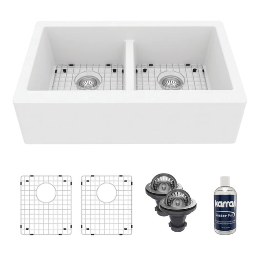 34" Farmhouse Double Equal Bowl Quartz Composite Kitchen Sink Kit In White