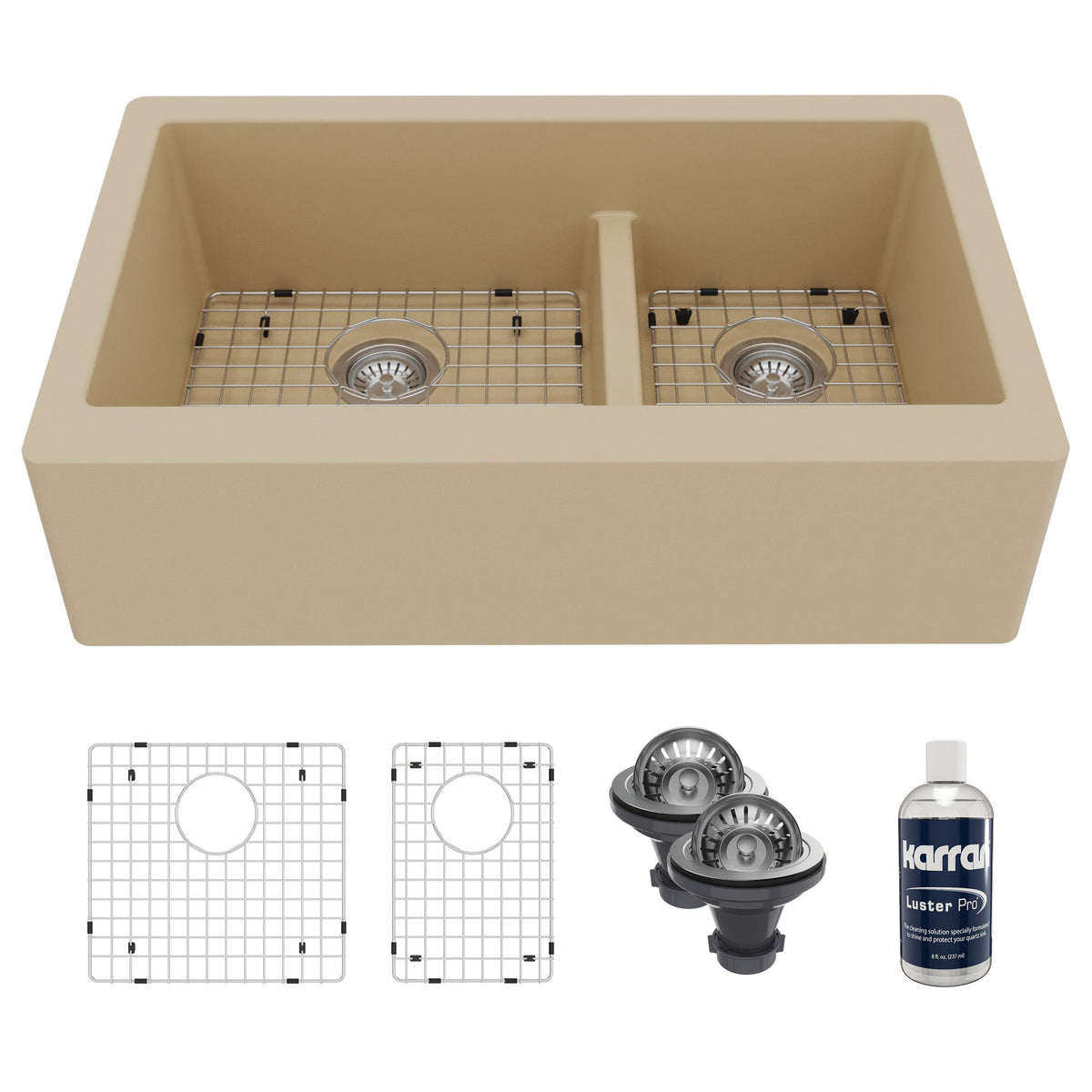 34" Farmhouse Double Offset Bowl Quartz Composite Kitchen Sink Kit In Bisque