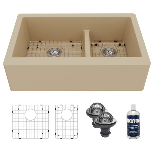 34" Farmhouse Double Offset Bowl Quartz Composite Kitchen Sink Kit In Bisque
