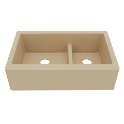34" Farmhouse Double Offset Bowl Quartz Composite Kitchen Sink In Bisque
