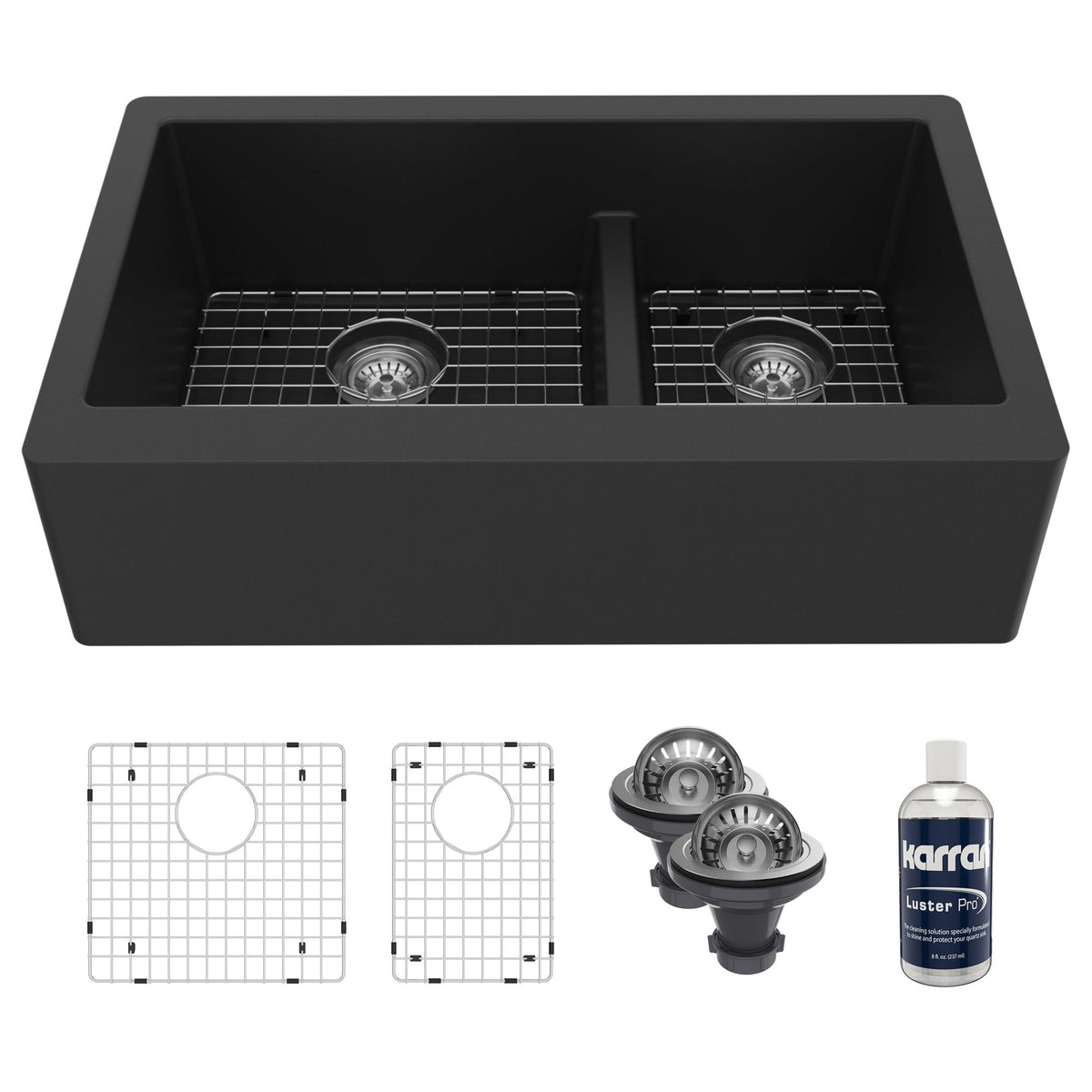 34" Farmhouse Double Offset Bowl Quartz Composite Kitchen Sink Kit In Black