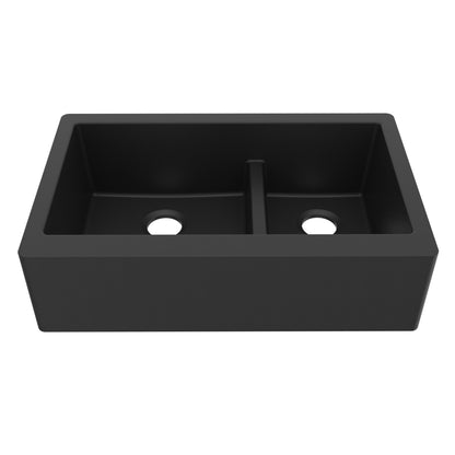 34" Farmhouse Double Offset Bowl Quartz Composite Kitchen Sink In Black