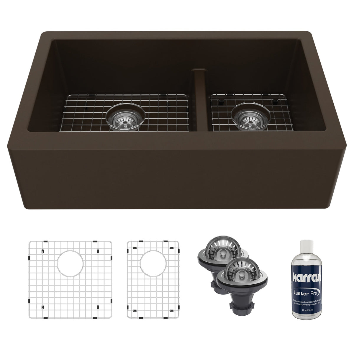 34" Farmhouse Double Offset Bowl Quartz Composite Kitchen Sink Kit In Brown
