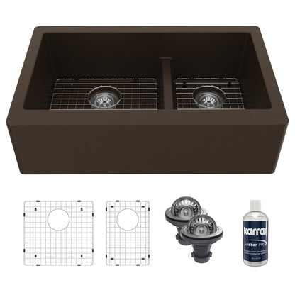 34" Farmhouse Double Offset Bowl Quartz Composite Kitchen Sink Kit In Brown