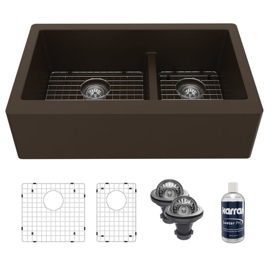 34" Farmhouse Double Offset Bowl Quartz Composite Kitchen Sink Kit In Brown