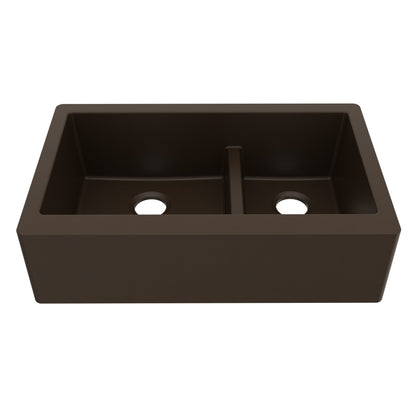 34" Farmhouse Double Offset Bowl Quartz Composite Kitchen Sink In Brown