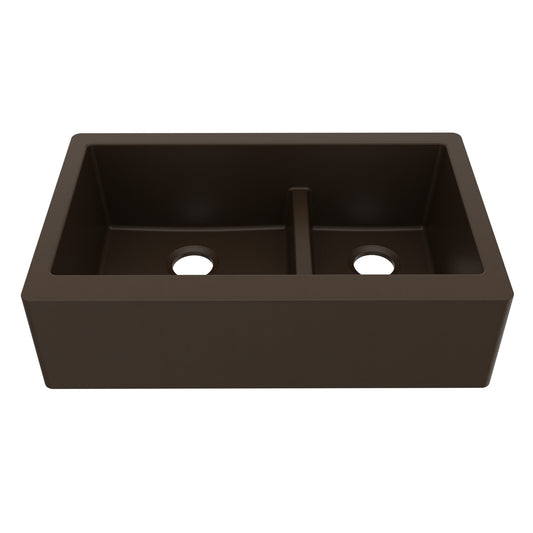 34" Farmhouse Double Offset Bowl Quartz Composite Kitchen Sink In Brown