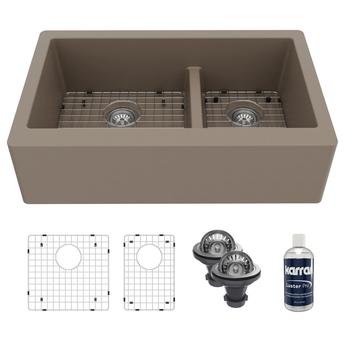 34" Farmhouse Double Offset Bowl Quartz Composite Kitchen Sink Kit In Concrete