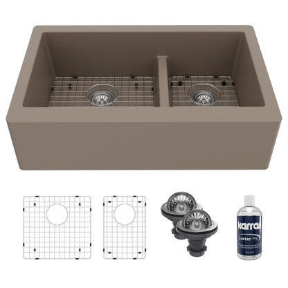 34" Farmhouse Double Offset Bowl Quartz Composite Kitchen Sink Kit In Concrete