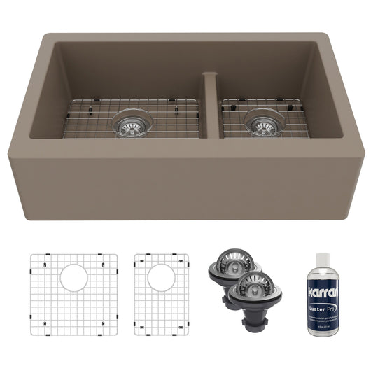 34" Farmhouse Double Offset Bowl Quartz Composite Kitchen Sink Kit In Concrete